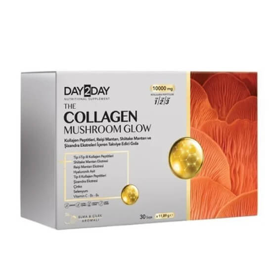 Day2day Collagen Mushroom Glow 30 saşe elma çilek aromalı Tip I-III kolajen 9900 mg C vitamini 200 mg hyaluronik asit 100 mg- 1