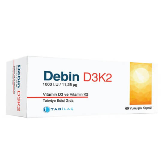 Debin D3 K2 60 yumuşak kapsül vitamin takviyesi kutusu 60 kapsül 25 mcg 1000 IU D3 11,25 mcg K2- 1
