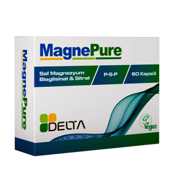 Delta Magnepure 60 kapsül magnezyum takviyesi 110 mg magnezyum bisglisinat 60 mg ve sitrat 50 mg P5P 7,5 mg vegan- 1