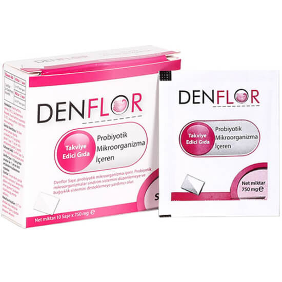 Denflor Probiyotik 10 saşe toz form 750 mg probiyotik mikroorganizma, su veya yoğurtla karıştırılır, 4+ yaş- 1