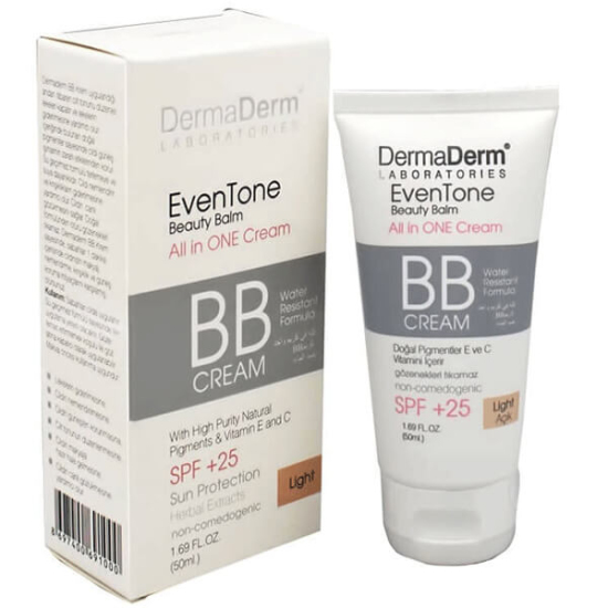 Dermaderm BB Krem Açık Ton 50 ml su geçirmez BB krem, cilt tonu eşitleyici, nemlendirici, leke kapatıcı SPF25- 1