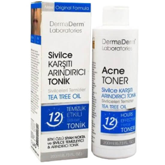 DermaDerm sivilce karşıtı arındırıcı tonik 250 ml, akneye eğilimli ciltler için temizleyici bakım ürünü şişesi- 1