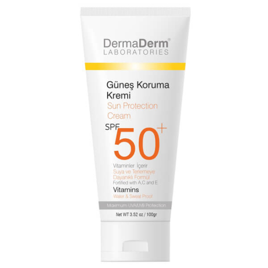 Dermaderm SPF 50 güneş koruma kremi 100 gr, UVA UVB koruma, hafif yapışkan olmayan formül, gözenek tıkamaz- 1