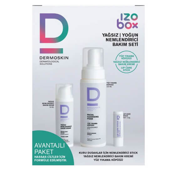 Dermoskin Izobox Kuru Ciltler Seti yüz yıkama köpüğü 200 ml, yağsız nemlendirici 50 ml, dudak stick 3,9 g- 1