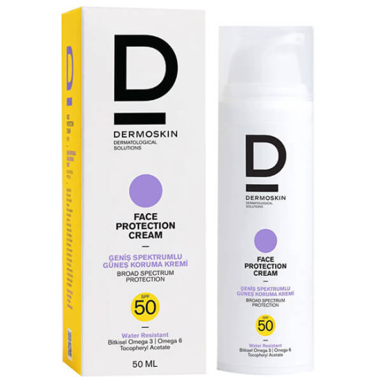 Dermoskin Sun Face Protection SPF 50 su bazlı güneş kremi 50 ml, UVA UVB koruma, Vitamin E, Aloe vera, Panthenol- 1