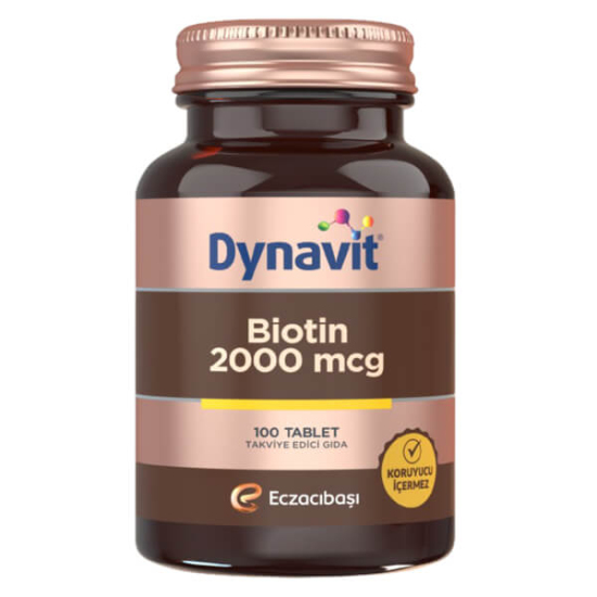 Dynavit Biotin 2000 mcg 100 tablet biotin takviyesi, şeker içermez tatlandırıcılı, 11 yaş üzeri günde 1 tablet- 1
