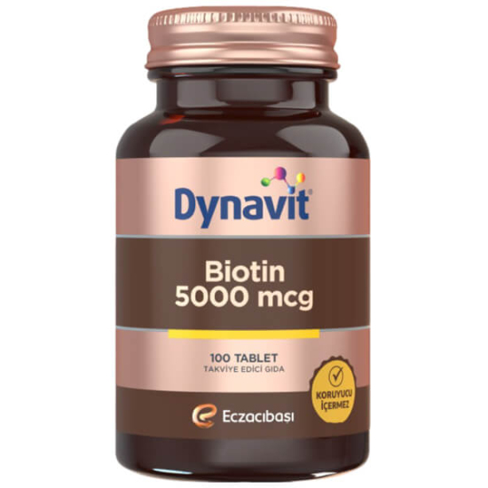Dynavit Biotin 5000 mcg 100 tablet biotin takviyesi kutusu 1 tablette 5000 mcg biotin 11+ günde 1 tablet- 1