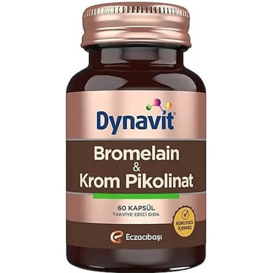 Dynavit Bromelain Krom Pikolinat 60 kapsül, 500 mg bromelain 1200 GDU ve 200 µg krom, gluten içermez vegan- 1