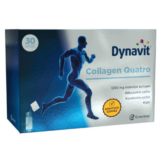 Dynavit Collagen Quatro 5000 mg 30 saşe mango aromalı; 1250 mg tip 2 kollajen, 750 mg glukozamin, 750 mg MSM- 1