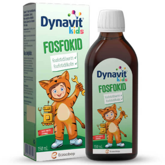 Dynavit Fosfokid 150 ml sıvı takviye edici gıda şişesi ve kutusu çocuklar için fosfotidilserin karışık meyve aromalı- 1
