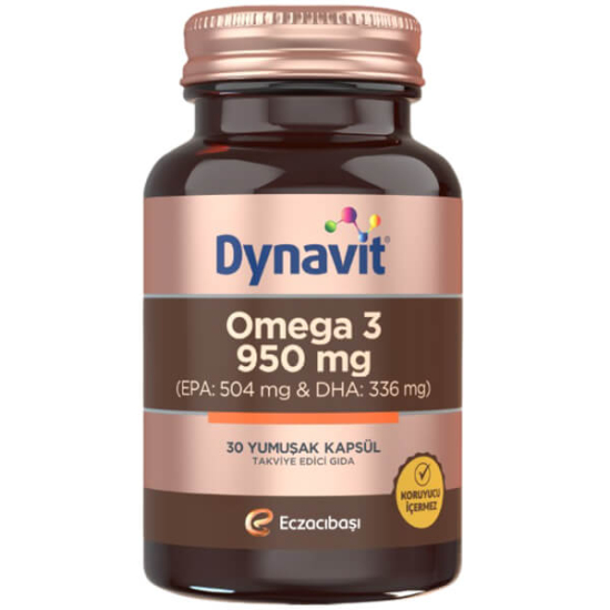 Dynavit Omega 3 950 mg balık yağı takviyesi 30 yumuşak kapsül, EPA 504 mg DHA 336 mg omega 3 950 mg- 1