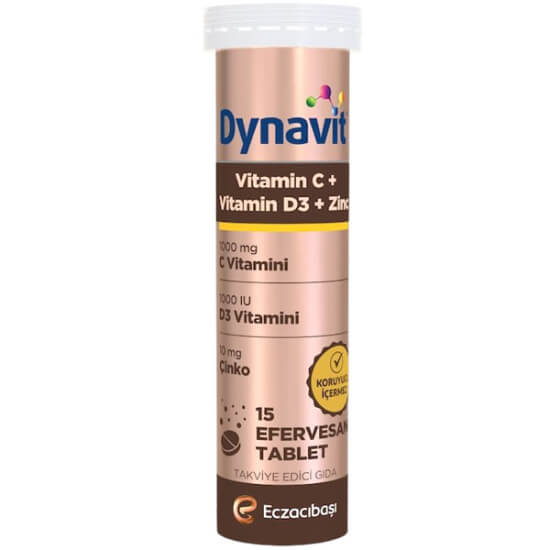 Dynavit Vitamin C D Çinko 15 efervesan tablet kutusu, C vitamini D vitamini ve çinko destekli, portakal aromalı 15 tablet- 1