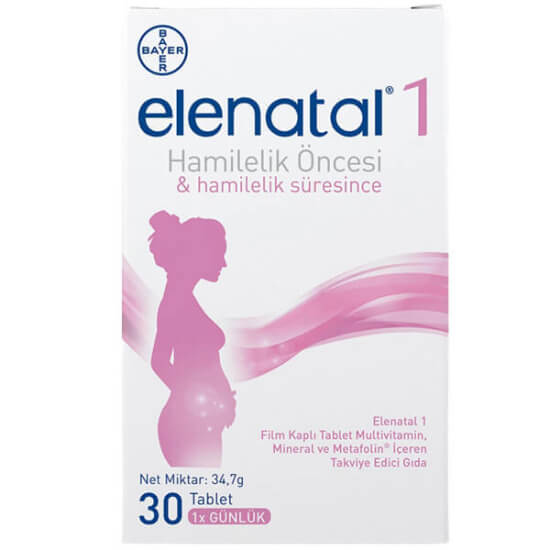Elenatal 1 takviye edici gıda 30 tablet kutusu demir 14 mg folik asit 400 mcg Metafolin vitamin mineral kompleksi- 1