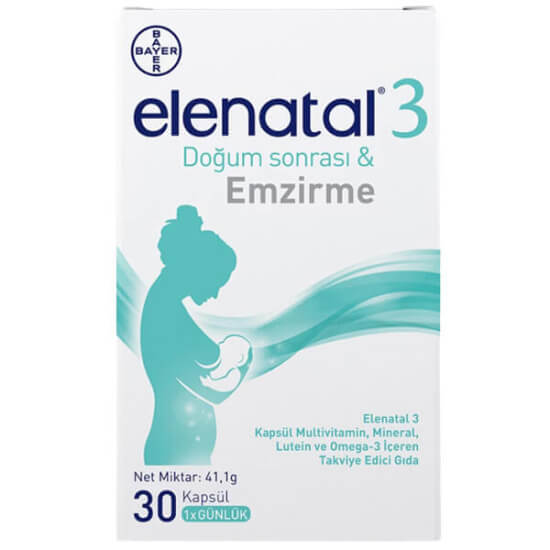 Elenatal 3 multivitamin takviye edici gıda 30 tablet, folik asit 200 mcg ve C vitamini 60 mg, Bayer- 1