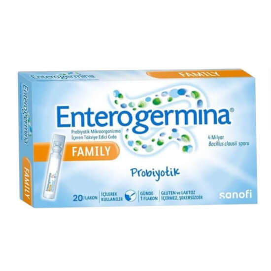 Enterogermina Family 5 ml x 20 flakon probiyotik, Bacillus Clausii sporları 4x10^9 kob/gün, günde 1 flakon- 1