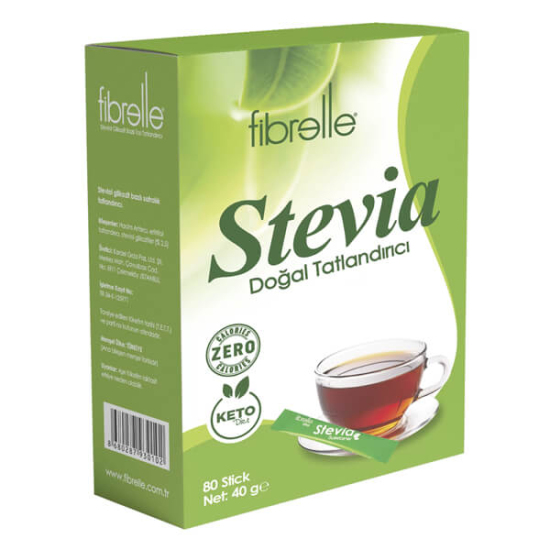 Fibrelle Ultra Stevialı stick tatlandırıcı 80 stick kutu steviol glikozit ve eritritol içerir 0 kcal pratik kullanım- 1