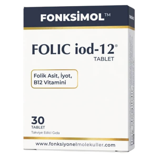 Folic Iod 12 30 Tablet kutusu 30 tablet 400 µg folik asit 12 µg B12 vitamini 150 µg iyot Omega-3 270 mg