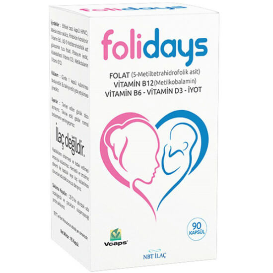 NBT Life Folidays 90 kapsül takviye; Quatrefolic folat 400 µg, B6 10 mg, B12 2,5 µg, D3 10 µg, iyot 150 µg- 1