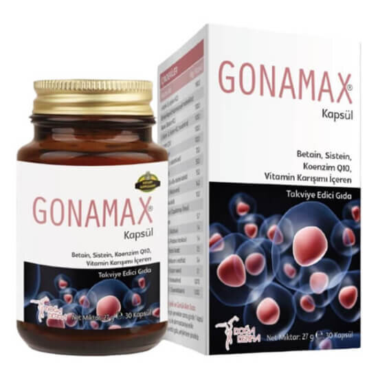 Gonamax 30 kapsül gıda takviyesi kutusu L-Arjinin 190 mg Koenzim Q10 100 mg çinko 10 mg C 75 mg E 15 mg- 1