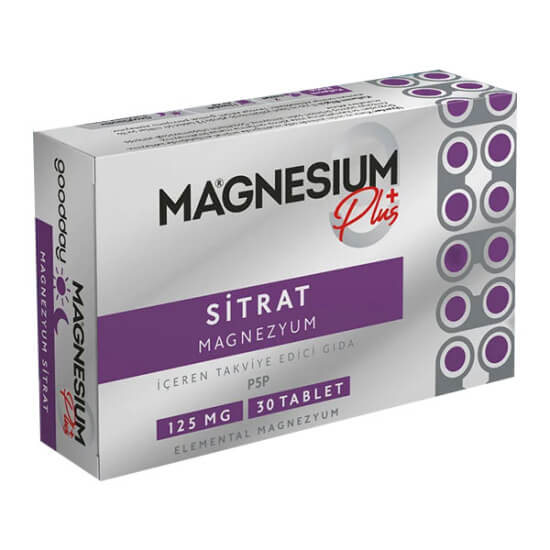 Goodday Magnezyum Plus Sitrat 30 tablet takviye, 125 mg magnezyum ve 10 mg B6 P5P içeren ürün kutusu- 1