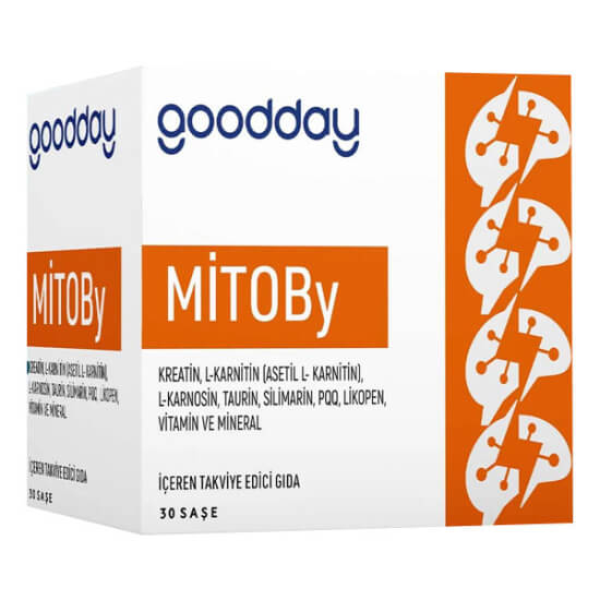 Goodday Mitoby 30 saşe toz takviye, kreatin 2500 mg, L-karnitin 1000 mg, taurin 800 mg içeren kutu- 1