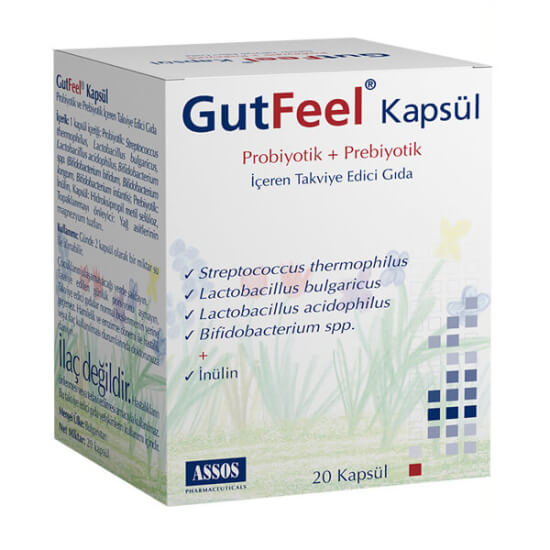 Gut Feel Probiyotik Prebiyotik 20 kapsül probiyotik takviye 500 mg probiyotik 300 mg inülin 66 mg laktaz- 1