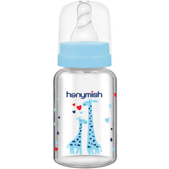 Hanymish 401 cam biberon 125 ml mavi, ölçü çizgili cam şişe, mavi emzik başlık ve kapak, bebek biberonu- 1