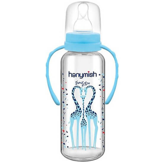 Hanymish 402 kulplu cam biberon 240 ml dayanıklı cam şişe ergonomik tutma kulplu bebek biberonu- 1