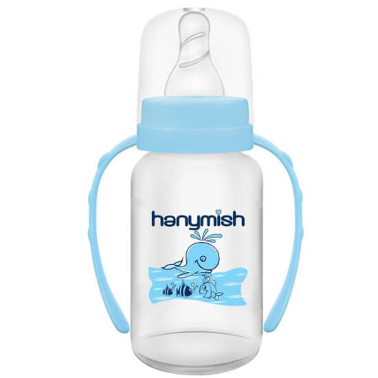 Hanymish 403 kulplu cam biberon 125 ml mavi, cam şişe, çift kulplu tasarım, bebek beslenme biberonu- 1