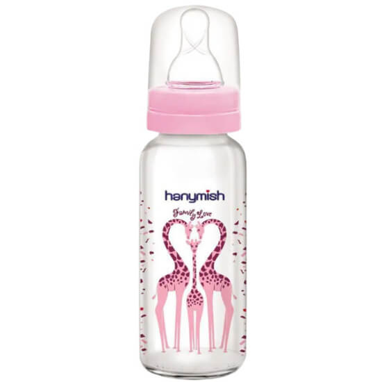 Hanymish 403 kulplu cam biberon 125 ml pembe, bebekler için cam şişe, çift kulplu tutma saplı biberon- 1