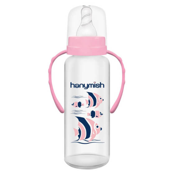 Hanymish 434 kulplu PP biberon 125 ml pembe bebek biberonu tutma kulpları ve ölçü çizgili gövde- 1