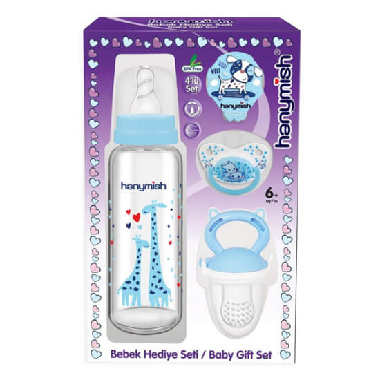 Hanymish 652 mavi beslenme seti 4lü set 6-18 ay bebek için kaşık mama kabı biberon ve kapaklı saklama kabı- 1