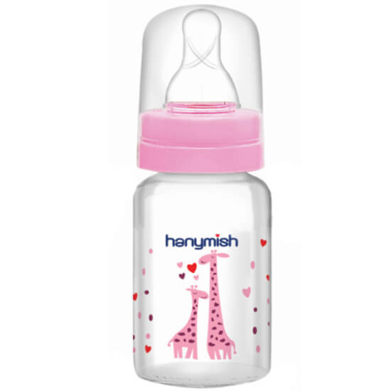 Hanymish cam biberon 125 ml, mavi kapaklı, silikon emzik uçlu, ölçü çizgili güvenli bebek biberonu- 1