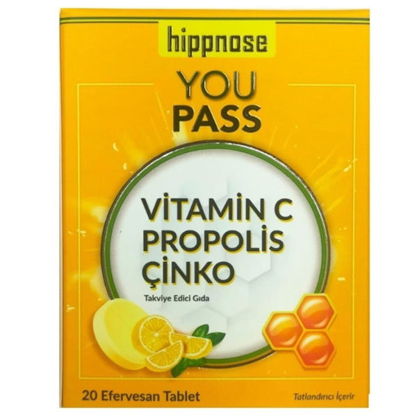 Hippnose Youpass Vitamin C & Çinko ve Propolis İçeren 20 Efervesan Tablet
