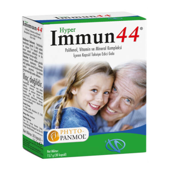 Hyper İmmun 44 30 kapsül takviye edici gıda kutusu, çinko 10 mg, C vitamini 120 mg, B12, D, E ve selenyum içerikli- 1