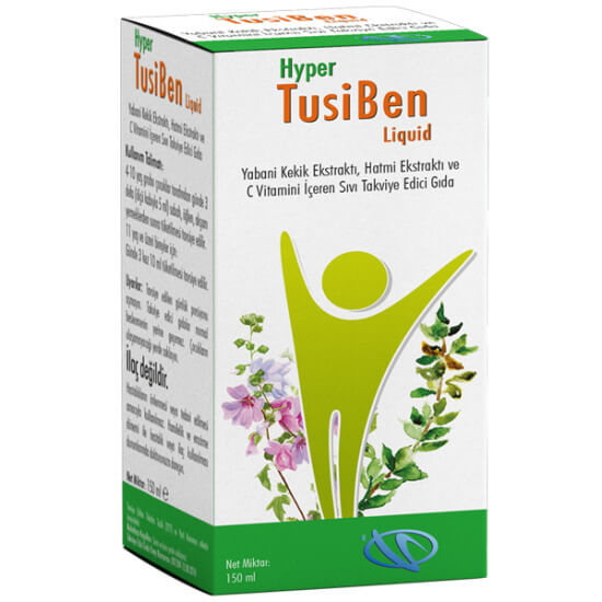 Hyper Tusiben 150 ml şurup gıda takviyesi 60 mg C vitamini 480 mg kekik 60 mg hatmi içeren ürün şişesi ve kutusu- 1