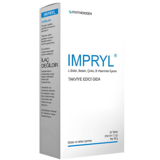 Impryl 30 tablet takviye edici gıda kutusu 30 tablet 200 mg betain 200 mg L-sistin B6 B12 metilfolat folik asit çinko- 1