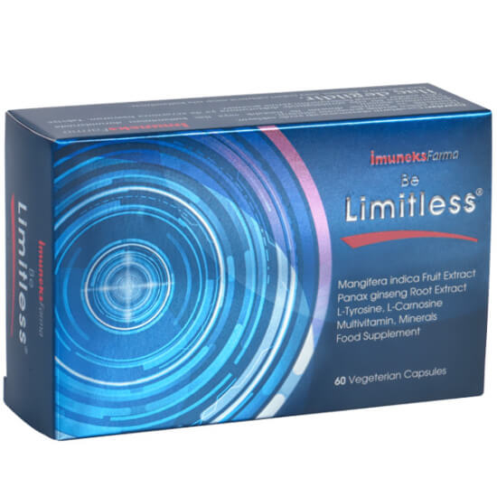 İmuneks Be Limitless 60 kapsül takviye; L-tirozin 75 mg, C vitamini 80 mg, ginseng, mango ekstresi, çinko, demir- 1