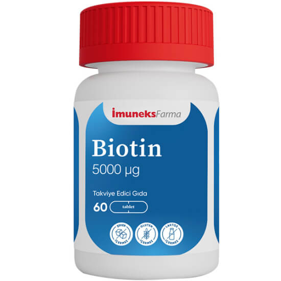 İmuneks Biotin 5000 mcg 60 tablet biotin takviyesi, şeker laktoz gluten içermez, günde 1 tablet kullanım- 1
