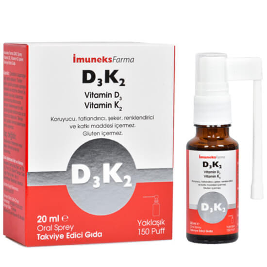 İmuneks D3 K2 Vitamin Sprey 20 ml zeytinyağı bazlı 1 puff 25 µg 1000 IU D3 ve 11,25 µg K2 içeren ağız spreyi- 1