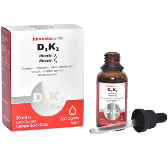 İmuneks D3K2 Damla 30 ml 1000 IU D3 ve 11,25 µg K2 içeren zeytinyağı bazlı vitamin damla takviyesi- 1