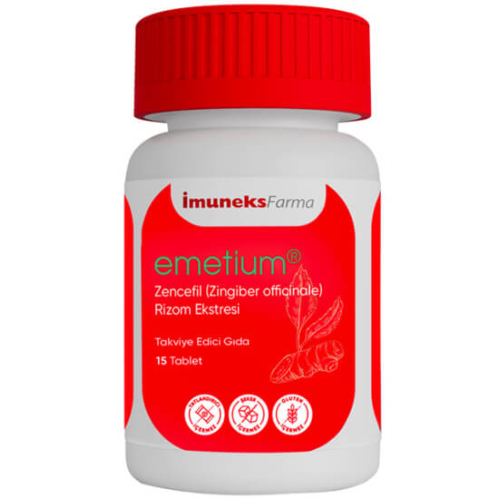 İmuneks Emetium 50 mg 15 tablet zencefil Zingiber officinale rizom ekstresi 100 mg tatlandırıcı şeker gluten içermez- 1