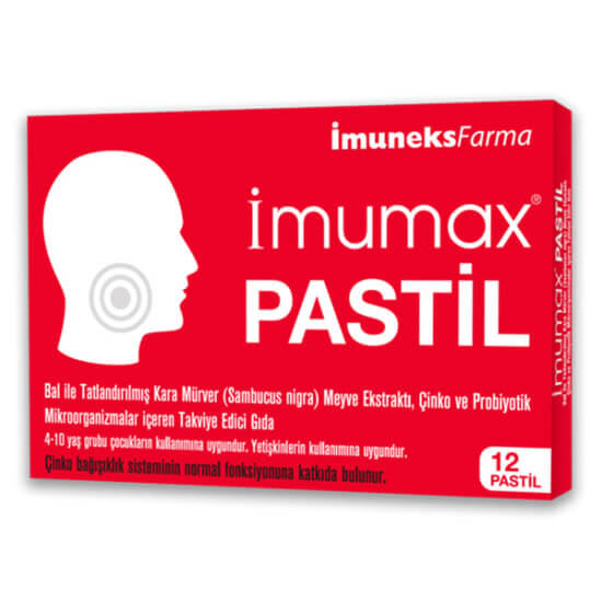 İmuneks İmumax 12 pastil kutusu mürver meyve ekstresi 80 mg çinko 14 mg L paracasei ve B lactis içerir- 1