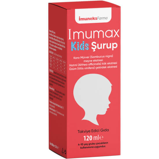 İmuneks İmumax Kids Şurup 120 ml çocuk şurubu kara mürver ekstresi 480 mg hatmi kök 150 mg üzüm çekirdeği 66 mg- 1