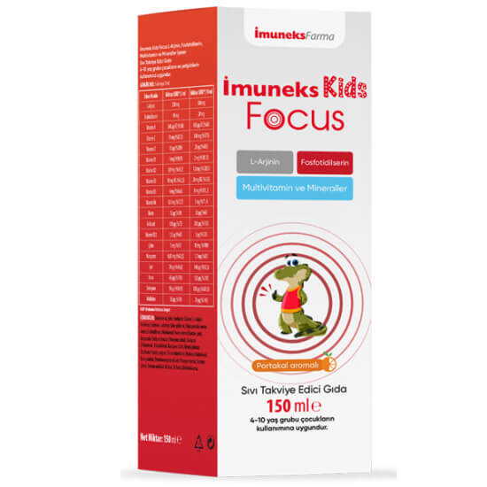 İmuneks Kids Focus 150 ml çocuklar için sıvı gıda takviyesi portakal aromalı L-Arjinin 250 mg C vitamini 70 mg- 1