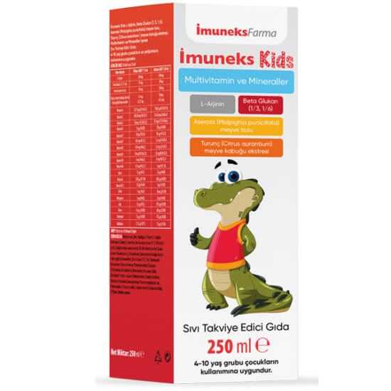 İmuneks Kids Multivitamin ve Mineraller 250 ml sıvı takviye şurup, 20 ml’de 500 mg L-Arjinin ve 210 mg C vitamini- 1