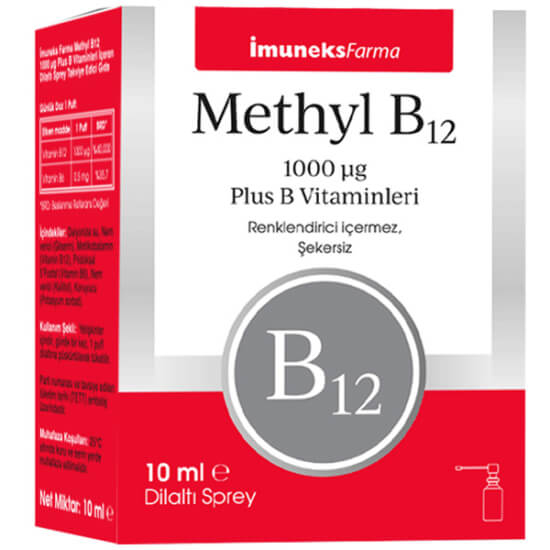 İmuneks Methyl B12 10 ml sprey, dilaltı kullanım, 1 puff 1000 µg B12 metilkobalamin ve 0,5 mg B6- 1