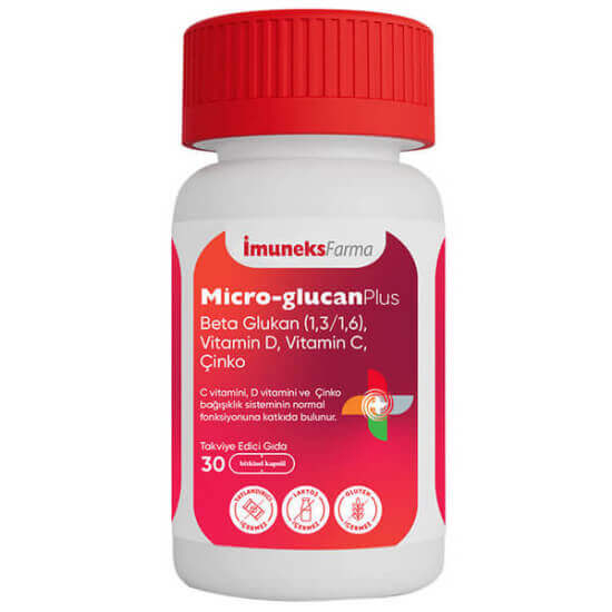 İmuneks Micro Glucan Plus 30 kapsül beta glukan 10 mg C vitamini 350 mg D vitamini 1000 IU çinko 10 mg takviye- 1