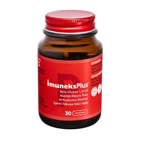 İmuneks Plus 30 kapsül; 20 mg beta glukan, 300 mg aserola meyve tozu, 100 mg kuşburnu ekstresi- 1
