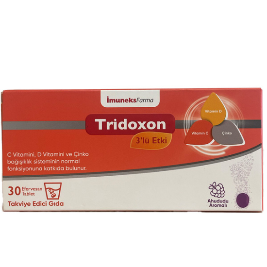 İmuneks Tridoxon 3’lü Etki 30 efervesan tablet kutusu, C vitamini 1000 mg, D vitamini 10 µg, çinko 10 mg- 1
